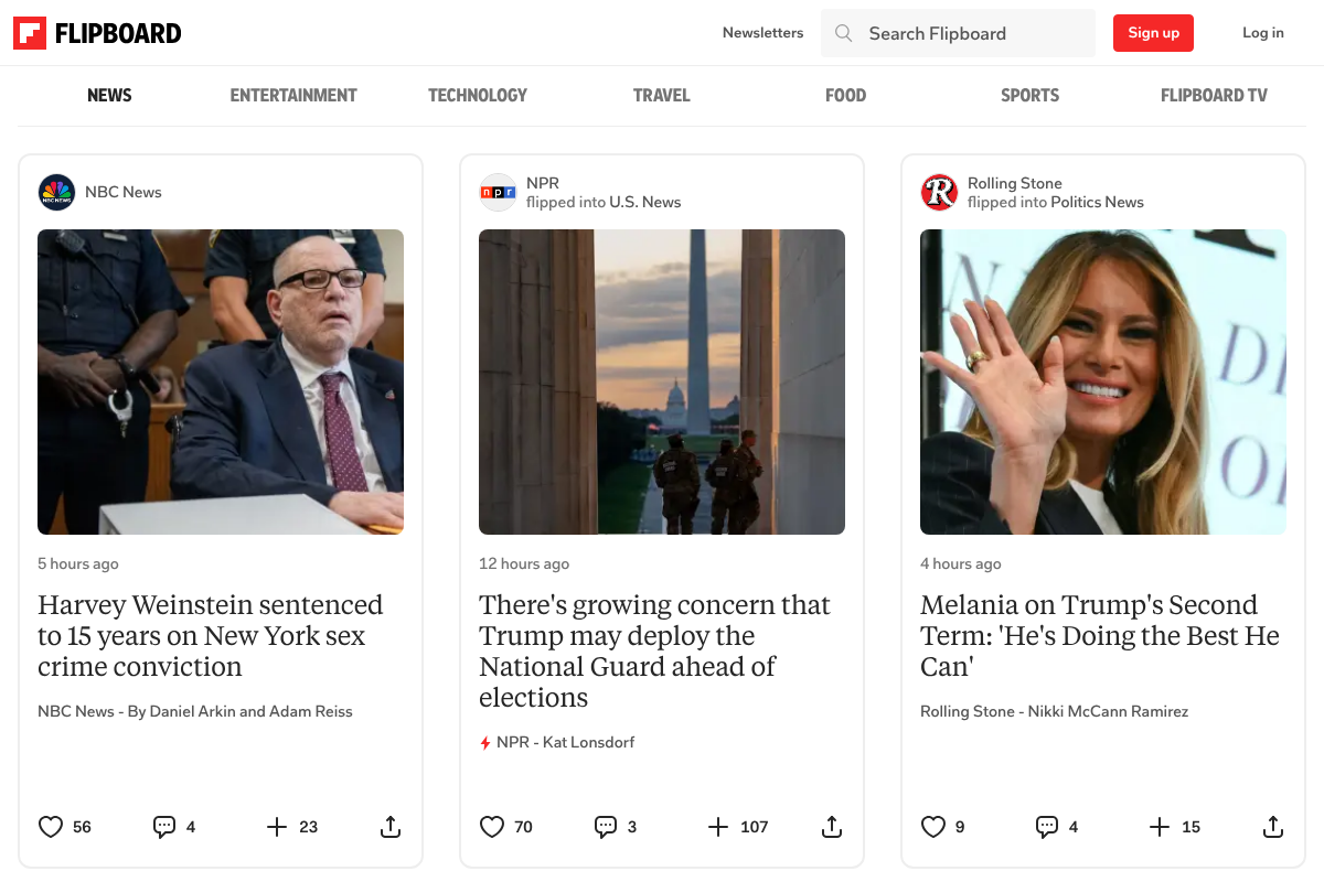 Flipboard homepage showing its magazine-style news layout