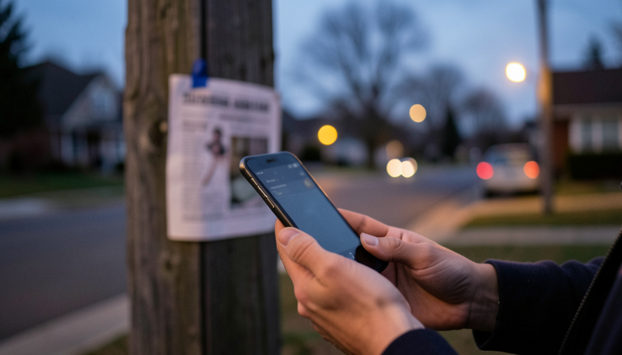 Hands holding a smartphone at dusk near a blurred missing-pet flyer on a pole
