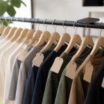 A rack of plain clothing with blank tags and a smartphone resting on the rail