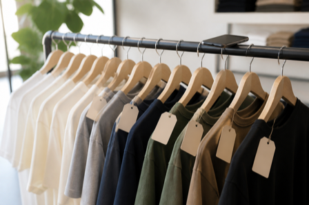A rack of plain clothing with blank tags and a smartphone resting on the rail
