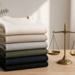 A stack of folded plain garments beside a brass balance scale on a wooden surface