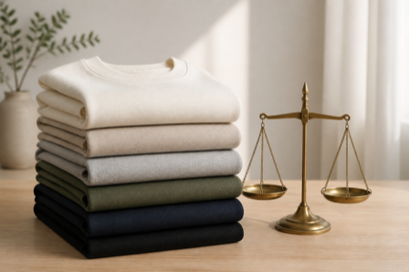 A stack of folded plain garments beside a brass balance scale on a wooden surface