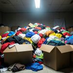 A pile of colorful cheap clothing spilling out of plain cardboard shipping boxes on a floor