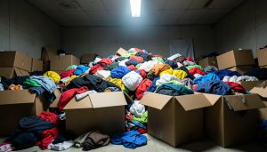 A pile of colorful cheap clothing spilling out of plain cardboard shipping boxes on a floor
