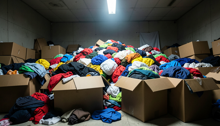 A pile of colorful cheap clothing spilling out of plain cardboard shipping boxes on a floor