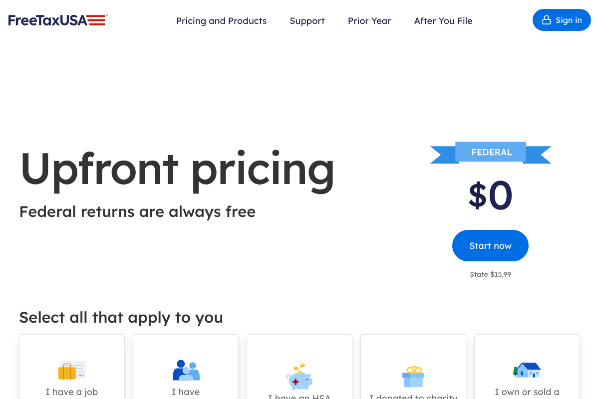 FreeTaxUSA pricing page showing federal returns are always free and state is $15.99