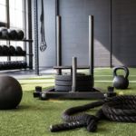 Functional-training gym equipment on turf, including a sled, kettlebells, a medicine ball, and a battle rope