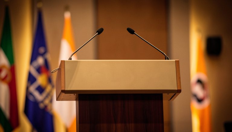 An empty conference lectern with microphones and blurred flags under warm lighting