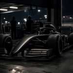 A generic unbranded open-wheel racing car in a dim pit garage at night