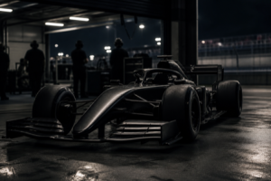 A generic unbranded open-wheel racing car in a dim pit garage at night