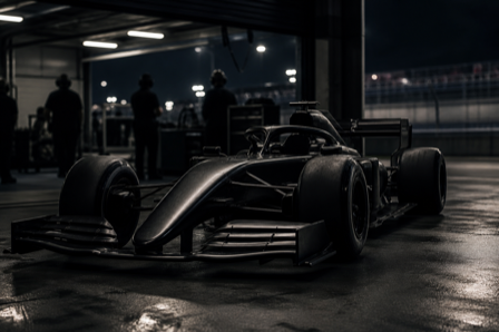 A generic unbranded open-wheel racing car in a dim pit garage at night