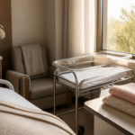 A softly lit hospital maternity room with an empty bassinet and folded blankets near a window