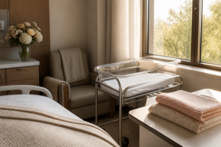 A softly lit hospital maternity room with an empty bassinet and folded blankets near a window