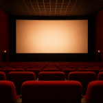 An empty cinema auditorium with red seats facing a blank glowing screen