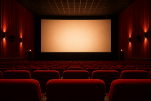 An empty cinema auditorium with red seats facing a blank glowing screen