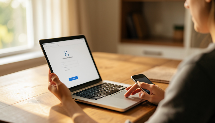 A person at a home desk holding a smartphone next to a laptop showing a sign-in screen with a padlock icon
