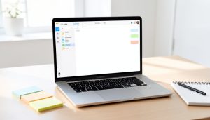 A laptop on a desk showing an organized notes app with a folder sidebar and colored tags, beside sticky notes