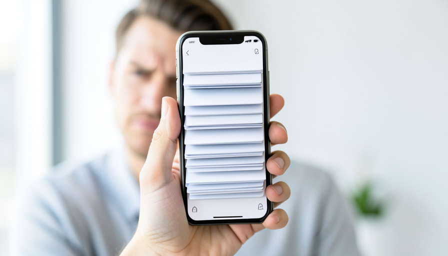 A hand holding an iPhone showing a news feed of repeated, near-identical story cards