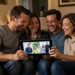 A family sitting on a couch smiling at photos on a tablet held between them