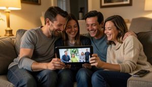 A family sitting on a couch smiling at photos on a tablet held between them