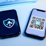 Two smartphones on a desk, one showing a security shield and the other a QR code, representing a 2FA transfer