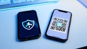Two smartphones on a desk, one showing a security shield and the other a QR code, representing a 2FA transfer