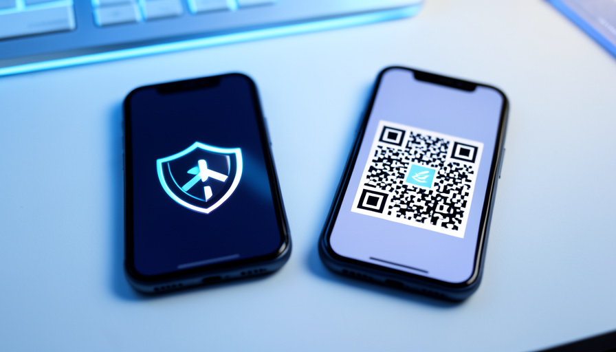Two smartphones on a desk, one showing a security shield and the other a QR code, representing a 2FA transfer