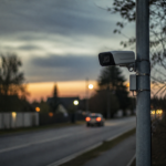 An automated license-plate-reader camera on a pole beside a suburban road at dusk