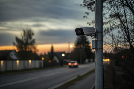 An automated license-plate-reader camera on a pole beside a suburban road at dusk