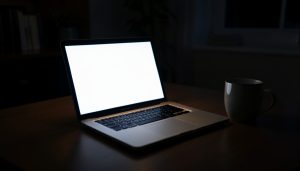 A laptop glowing in a dark home office at night beside a coffee mug