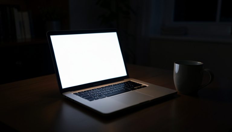 A laptop glowing in a dark home office at night beside a coffee mug