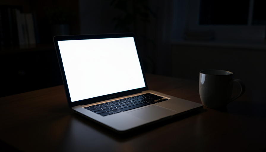 A laptop glowing in a dark home office at night beside a coffee mug