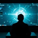 A person watching a glowing AI livestream on a large screen in a dark room