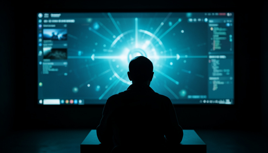 A person watching a glowing AI livestream on a large screen in a dark room