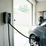 A wall-mounted Level 2 EV charger in a residential garage with a cable connected to a parked electric car