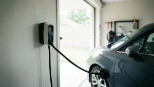 A wall-mounted Level 2 EV charger in a residential garage with a cable connected to a parked electric car