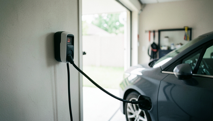 A wall-mounted Level 2 EV charger in a residential garage with a cable connected to a parked electric car