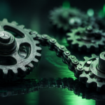Interconnected metal gears and a chain on a dark surface with a cool green glow