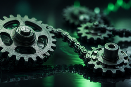 Interconnected metal gears and a chain on a dark surface with a cool green glow