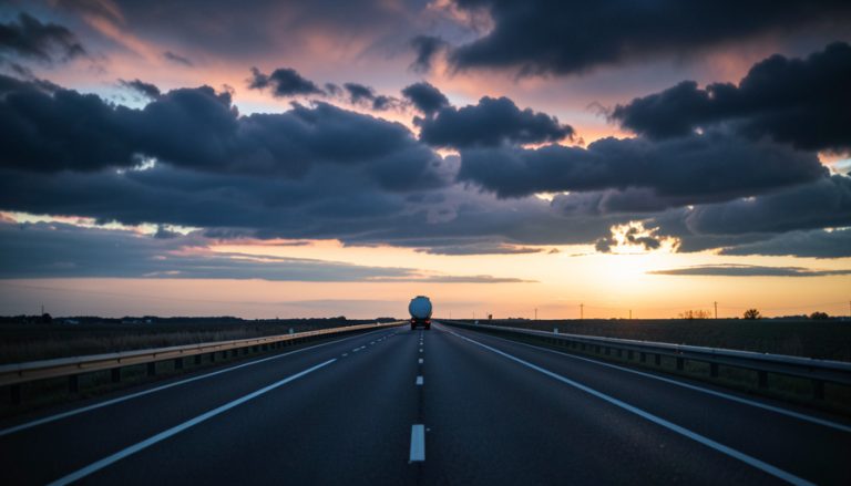 A long empty highway stretching to the horizon at dusk with a distant fuel tanker truck