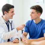 A doctor using a stethoscope to check a teenage athlete during a sports physical while a parent sits nearby