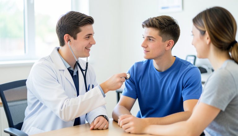 A doctor using a stethoscope to check a teenage athlete during a sports physical while a parent sits nearby