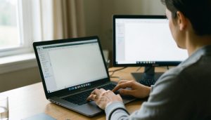 A person at a Windows laptop organizing files and folders with a second monitor on the desk