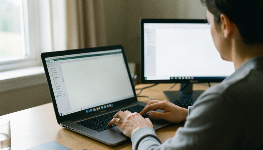 A person at a Windows laptop organizing files and folders with a second monitor on the desk