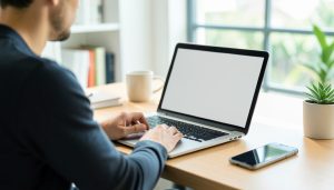 A person logging into a laptop with a blank screen while a smartphone rests on the desk beside it