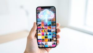 A hand holding a smartphone showing a grid of photo thumbnails with a glowing cloud and upward arrow above the screen
