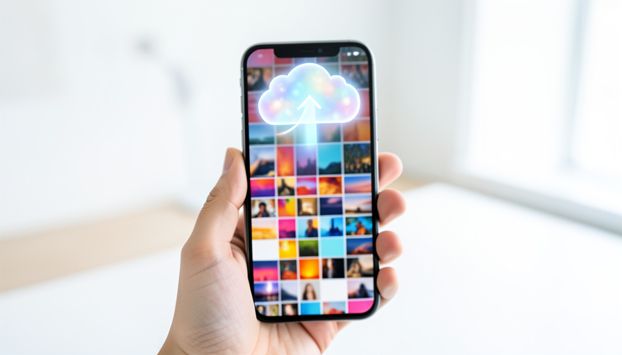 A hand holding a smartphone showing a grid of photo thumbnails with a glowing cloud and upward arrow above the screen