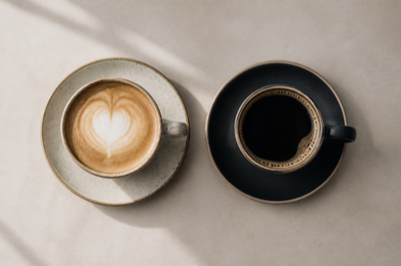 Two different coffee cups side by side on a table, a playful pairing concept