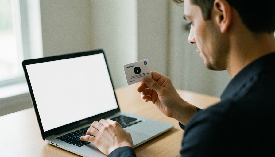 A person holding an ID card up to a laptop webcam to verify their identity for an online credit application