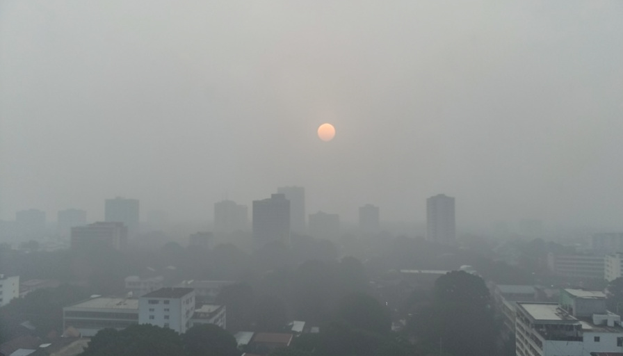 A Southeast Asian city skyline shrouded in thick grey haze at midday